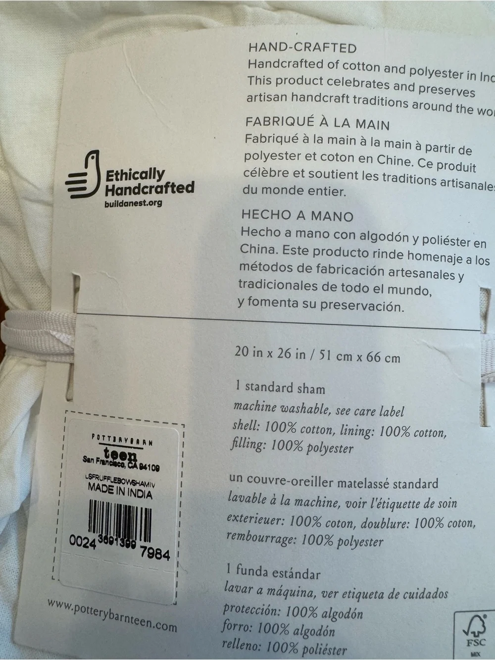 NWT Pottery Barn Teen LoveShackFancy Ruffle Bow Standard Sham Ivory